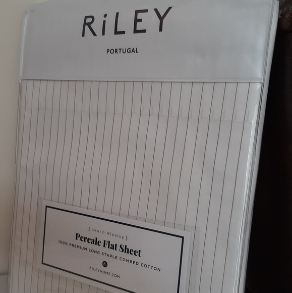 *RILEY Cotton Percale KING Flat Sheet White Pinstripe - Picture 5 of 8
